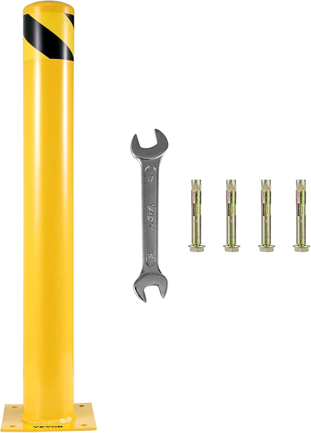 VEVOR Safety Bollard, 48 Inch Height Bollard Post, 5.5 Inch Diameter Steel Pipe Safety Bollard Post, Yellow Steel Bollard, Steel Safety Bollard with 8 Anchor Bolts, Perfect for Traffic-Sensitive Area