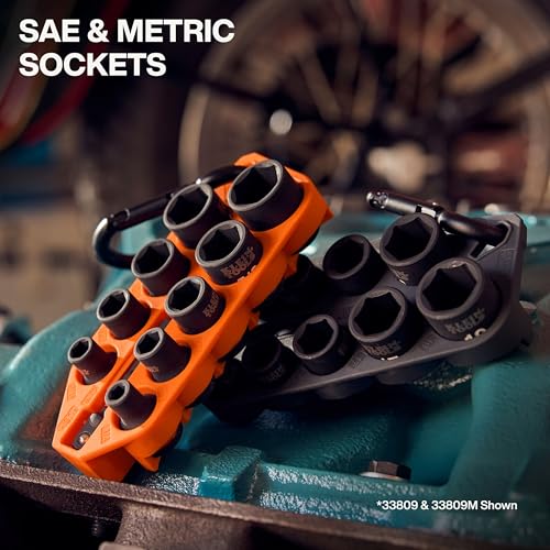 Image of Klein Tools 33808 Grab-And-Go Impact Socket Set, SAE, 7-Piece Set with Sleeve, Carabiner, and 3 /8-Inch Drive, Color-Coded 1 /4, 5 /16, 3 /8, 7 /16, 1 /2, and 9 /16-Inch Sockets