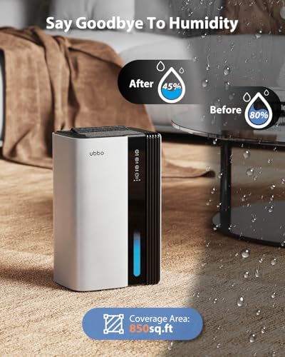 Image of UBBO 95oz Dehumidifiers for Home, 1000 Sq.Ft Dehumidifier with Drain Hose - Auto Shut Off, Timer, Sleep Mode & Drain Hose - 7 Color Light for Bedroom, Bathroom, RV White