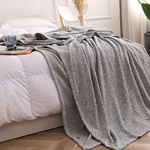 KAWAHOME Knit Blanket Lightweight Breathable Fuzzy Heather Jersey Thin Blanket for Couch Sofa Bed Twin Size 66 X 90 Inches Grey and White