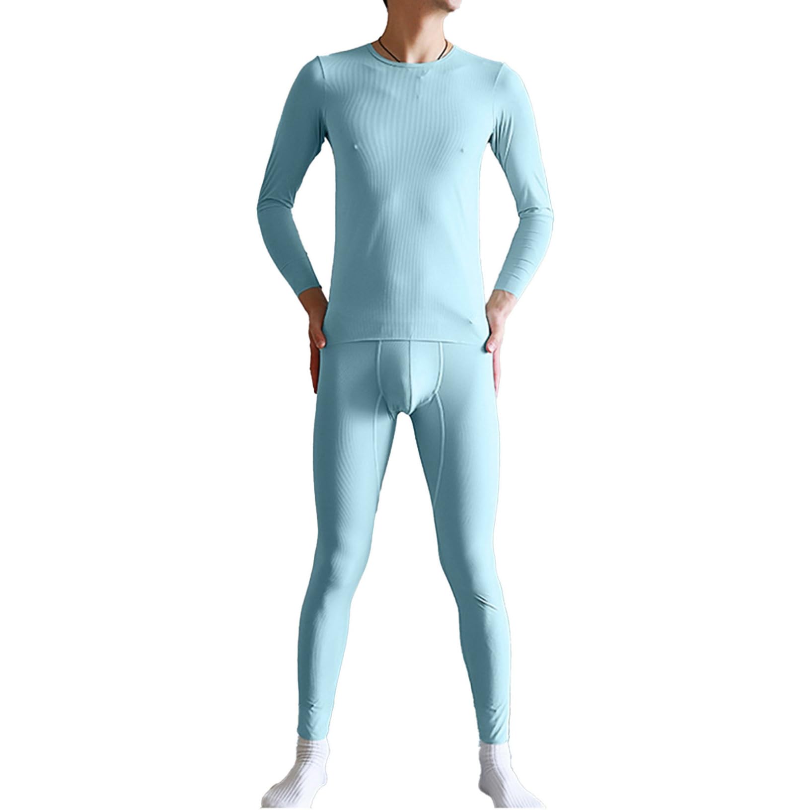Yeahdor Mens Thermal Underwear Long Sleeve Lightweight T-shirts with Bulge Pouch Leggings Long Johns Base Layer Set Sky Blue X-Large