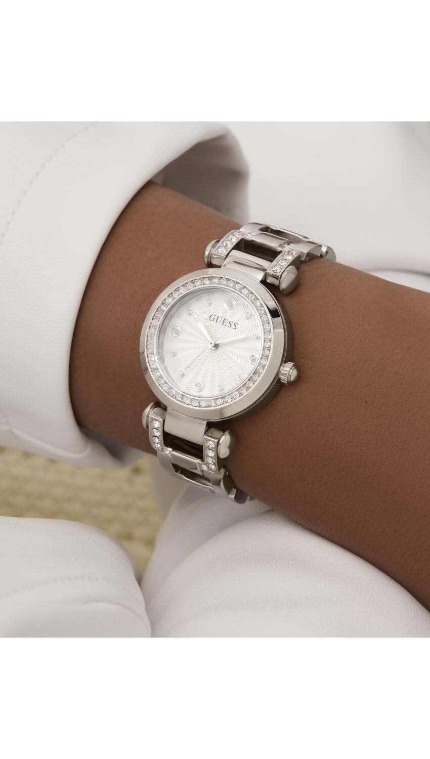 Guess GB Ginger Damen Armbanduhr, Edelstahl, 30 mm, Edelstahlarmband, Silber, 1 bar, Zifferblatt: Silber, Zirkonia, GW0869L3