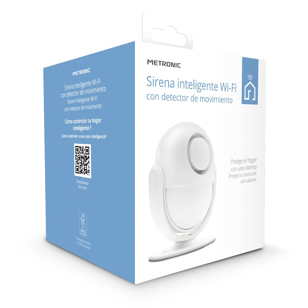 Metronic 495726 - Sirena Inteligente Wi-FI con Sensor de Movimiento inalámbrico Infrarrojos para casa, Oficina, Comercio, Alarma Sonora 100dB, Volumen Ajustable, función SOS
