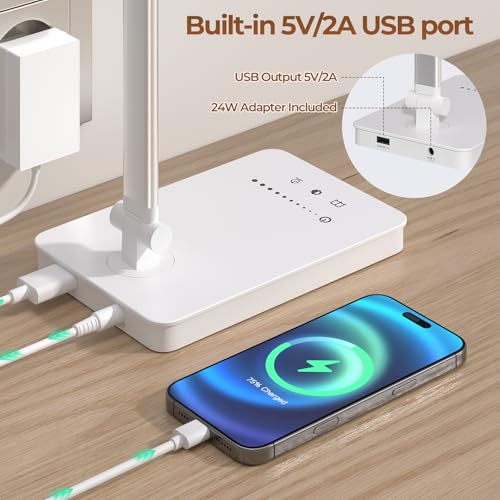JVURICE Schreibtischlampe LED 15W Dimmbar mit Augenschutz, 5 Farben und 10 Helligkeitsstufen, mit Adapter Ladefunktion Timer-Funktion, Memory Lesemodus Tischlampe für Kinder Schlafzimmer Büro (Weiß)