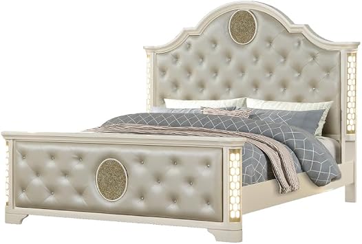 Jasmine Queen Size Tufted Upholstery & LED Bed Made with Wood in Beige