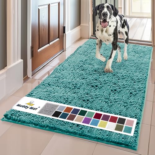 Image of Muddy Mat | Super Absorbent Door Mat Indoor, Microfiber Quick Dry Chenille Entryway Rug, Non-Slip Front Door Mat, Indoor Mats for Entryway, Machine Washable Pet Rug, Teal 24 inch x 120 inch