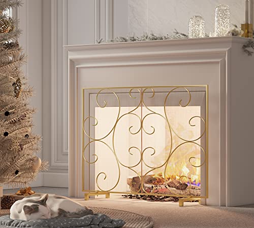 Kingson Single Panel Fireplace Screen Cover Handcrafted Solid Wrought Iron Mesh, Heat-Resistant Fire Spark Guard For Inside Fireplace-Gold #TOP2