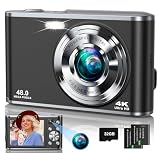 4K Digital Camera, 48MP Autofocus Kids Camera Selfie with Front and Rear Dual Lenses, 32GB Card, 2 Batteries, 16X Digital Zoom, Compact Travel Vlogging Video Camera for Kid Teen Beginner(Deep Black)
