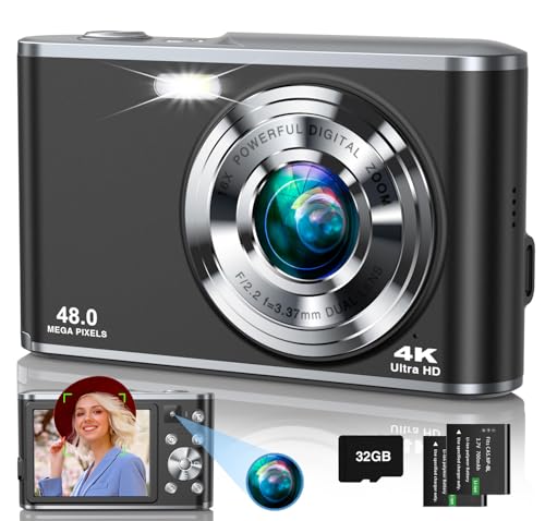 4K Digital Camera, 48MP Autofocus Kids Camera Selfie with Front and Rear Dual Lenses, 32GB Card, 2 Batteries, 16X Digital Zoom, Compact Travel Vlogging Video Camera for Kid Teen Beginner(Deep Black)