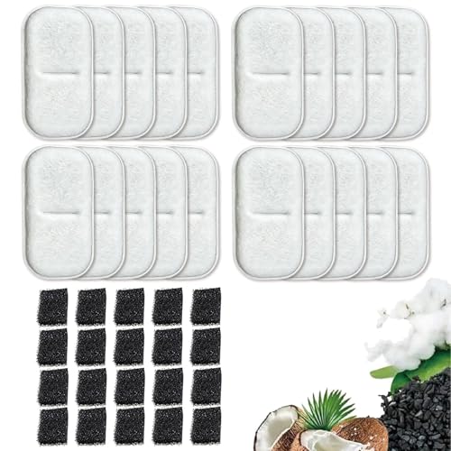 20 Pack Cat Water Filter Replacement Compatible with 108Oz/3.2L & 67Oz/2L Stainless Steel Pet Water Dispenser Pet Water Fountain Filters with Pre-Filter Sponges Kitty Spout Pump Filters
