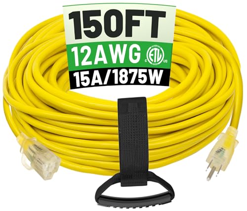 POWGRN 150 ft 12/3 Outdoor Extension Cord Waterproof Heavy Duty with Lighted Indicator End 12 Gauge 3 Prong Flexible Cold-Resistant Long Power Cord Outside 15Amp 1875W SJTW Yellow ETL Listed