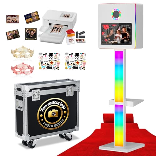 Image of DSLR Photo Booth Built-in Mini PC and Flight Case Mirror Photo Booth with 15.6 inch Touch Screen RGB Lights App Control for Parties Weddings Event Rentals (White+Printer)