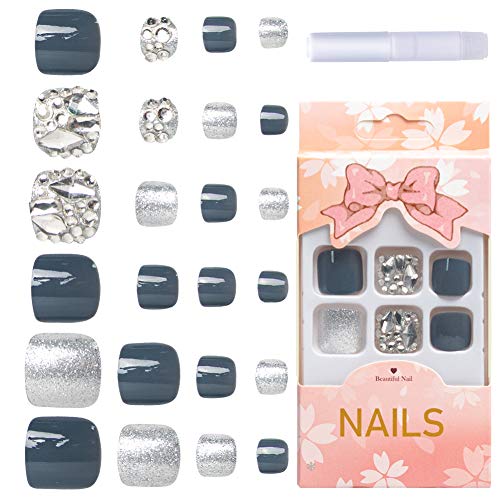 AORAEM Artificial Toenails Tip 24 Pcs Sliver Grey Full Cover Square Acrylic Nails with Strong Nail Glue for Women and Girls (Sliver+Grey)