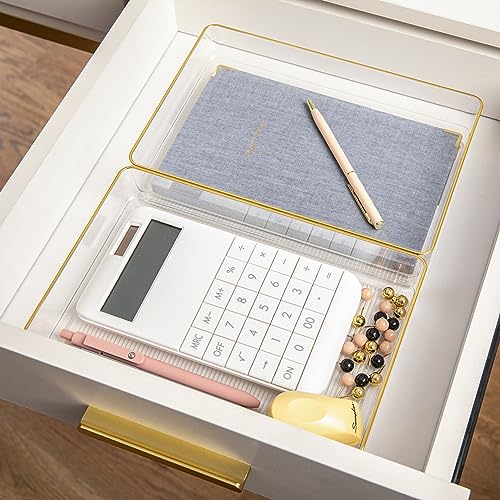 Image of Martha Stewart Kerry Plastic Stackable Office Desk Drawer Organizers, 9 inch x 6 inch, 3 Pack, with Gold Trim