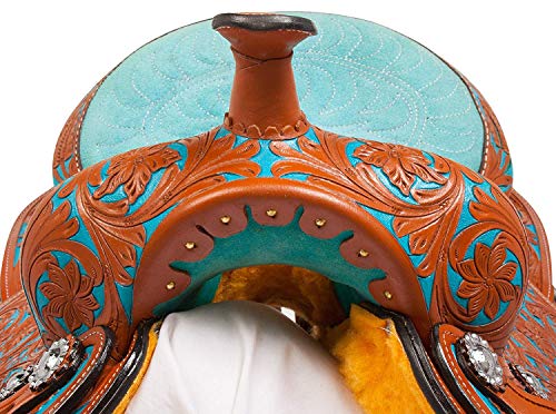 Deen, Enterprises Premium Leather Western Barrel Racing Horse Saddle Tack Size 14" To 16" Inch Seat Matching Headstall, Breast Collar, & Reins (15" Inches Seat, Brown/Turquoise) #TOP4