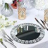 Efavormart 2 Pack 13 Inch Round Silver Jeweled Rim Premium Glass Mirror Charger Plates for Catering...