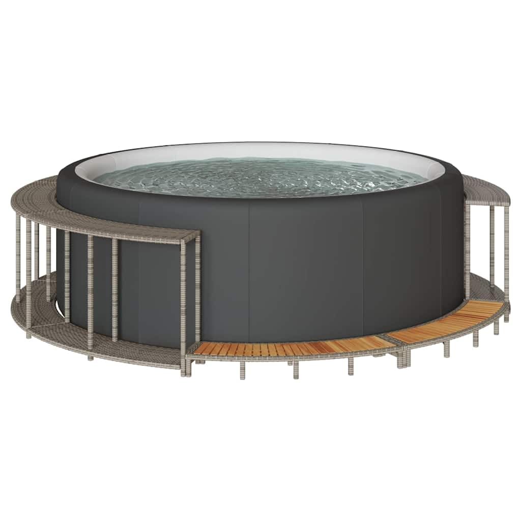 Mangloder - Bordo per vasca idromassaggio con vano portaoggetti, in polyrattan grigio, scala in legno di acacia, accessorio per esterni per idromassaggio, vasca idromassaggio, piscina fuori terra, spa