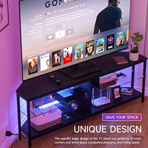 Hasipu Corner Tv Stand For 55 Inch Tv, Corner Tv Stand With Led Lights And Power Outlet, Corner Entertainment Center With 4 Open Storage Spaces And Adjustable Glass Shelves, Black #TOP5