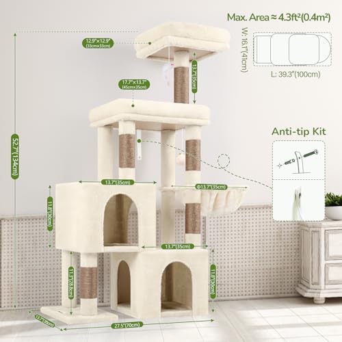 Image of Globlazer 52in Cat Tree Tower for Indoor Cats, 2 Condos, S52, Beige | Multi-Level Plush House, 5 Sisal Scratching Posts, 2 Padded Top Perches, Big Metal Basket, Stable Enlarged Base