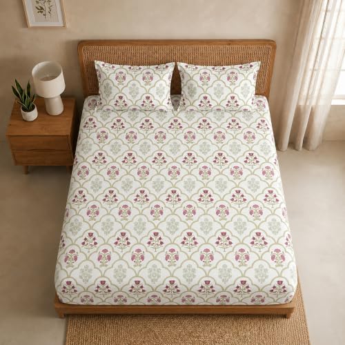Image of HOMEMONDE 186 TC Soft Cotton Fitted Sheet Floral Printed Queen Size Elastic Fitted Bedsheet with Two Pillow Covers - (78 x 72 Inches, Spring Buds Pink) | Perfect for Home Decor & Gifting