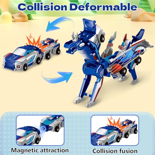 Image of Intoypad Magnetic Collision Transforming Dinosaur Car Toy (Blue Dragon) | 2 Magnetic Cars Transform into Dinosaur Toys for Kids Toddler Fun Deformation Dino Car Birthday Christmas Gift Toys for Boys