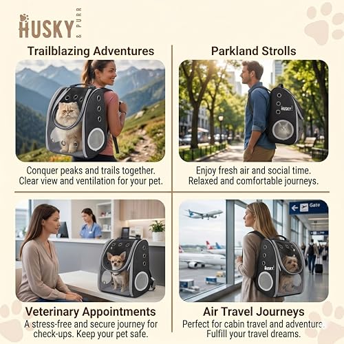Image of Husky & Purr Cat Bag Carrier Backpack, Black | Collapsible Breathable Pet Carrier Backpack | Anti-Scratch Transparent Cat Carrier Bag for Travel, Up to 7kgs