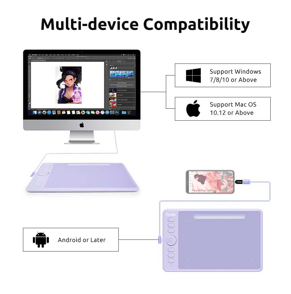 Parblo Tavoletta grafica da disegno con guanto da disegno, 8192 livelli, senza batteria, 7 x 4 pollici pad da disegno per computer, design e insegnamento online