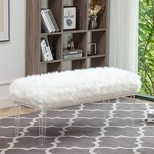 Awonde White Faux Fur Bench Upholstered Bed Bench For Bedroom Living Room Entryway Long Ottoman Bench With Acrylic Legs #TOP2