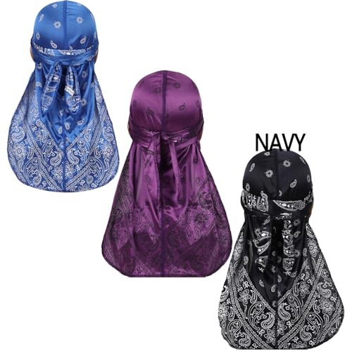 DINPREY Assorted Paisley Bandana Doo rag Cap Headwraps Men's Women's Silk Durag with Long Tail and Wide Straps for 360 Waves (Navy blue,Purple,Blue)