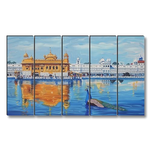 Image of Livin'luxe Golden Temple Wall Painting | 5 Panel Framed Wall Art with Peacock and Water Reflection | Sikh Religious Art for Living Room, Pooja Room, Spiritual Gift, Home Decor (50 x 30 Inch) XL-35431