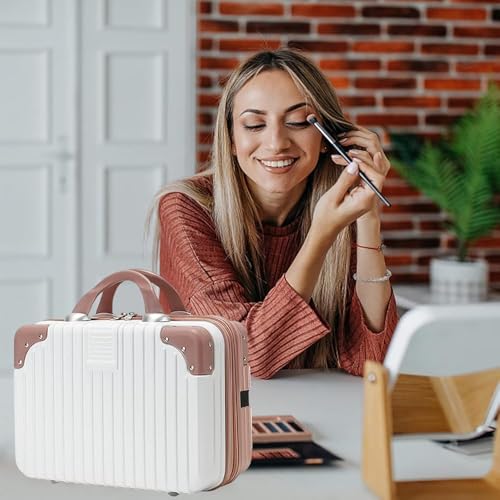 Image of Portable Hard Shell Cosmetic Bag Travel Case, Small Travel Hand Luggage with Elastic Band, Mini Abs Carrying Makeup Case Suitcase (B-White & Rose)