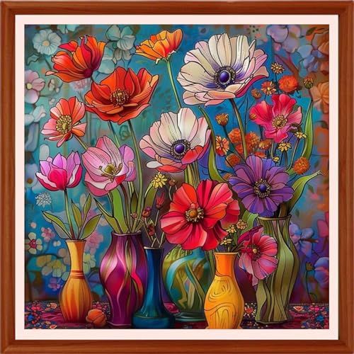 Image of Foxhool Stamped Cross Stitch Kits,11CT Printed Cross Stitch Pattern Full Embroidery Kits for Beginner Needlepoint Kits&Colorful Flower vase 18x18 inchs