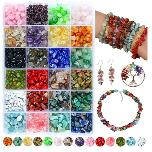 Colle 24 Colors 1200Pcs Natural Chips Stone Beads Multicolor 5mm to 8mm Irregular Gemstone Healing Crystal Loose Rocks Bead Bulk Hole Drilled DIY Jewelry Making Craft for Bracelet Necklace Earrings