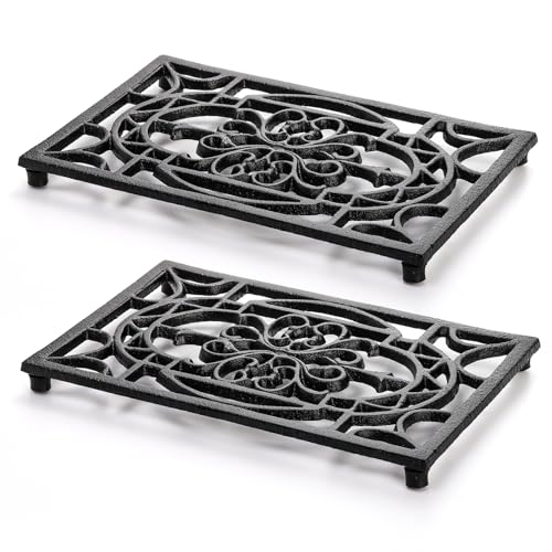 Fasmov 2 Pack Rectangle Cast Iron Trivet, 9.4 x 6.2 Inch Heat Resistant Trivet for Hot Dish Pot Pan Plate Teapot, Decorative Trivet with Rubber Feet, Pot Holders for Kitchen Dining Countertop Table
