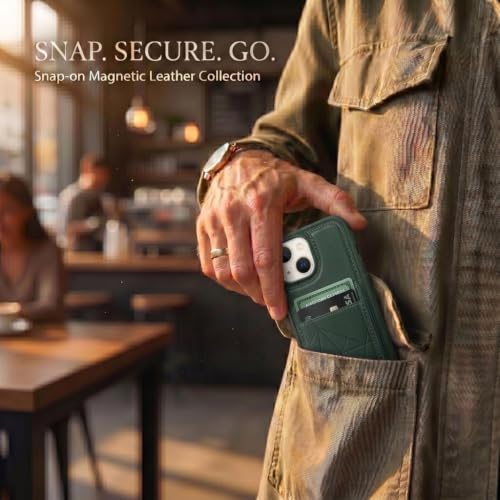 Image of amazon basics Premium Vegan Leather Back Cover with Card Holder and Integrated Mobile Stand for iPhone 13 - Slim Shockproof Wallet Case with Geometric Stitching [Green]