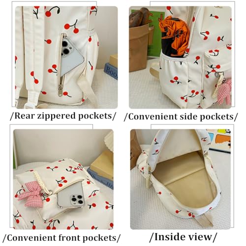 3Pcs Set Cherry Backpack for Girls, Pink Cherry Backpacks, Large Capacity Nylon Cute Daypack (White)4