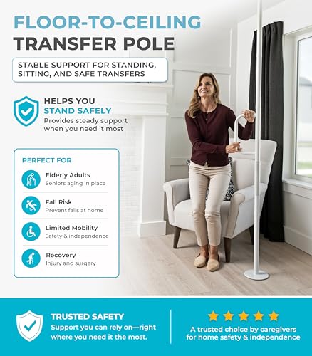 Image of Stander Single Handle Non-Rotating Floor to Ceiling Grab Bar, No-Drill Tension Mounted Transfer Pole for Seniors, Bath Safety & Bedside Assist Rail for Home Standing Support & Fall Prevention, White