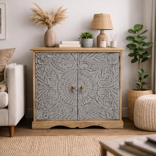 Image of The Attic Jodhpur Large Sideboard Cabinet for Kitchen and Living Room Storage in Solid Wood with Natural and Grey Matte Finish