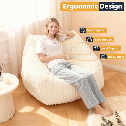 Image of HABUTWAY Bean Bag Chair, Giant Bean Bag Chairs for Adults and Kids, Bean Bag Sofa, Lazy Floor Sofa, Faux Fur Beanbag Chair with Armrests for Living Room Bedroom (Beige)