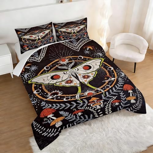 Image of Black Gothic Moth Comforter Set Full Size Boho Dead Moon Bedding Sets for Girls Boys Kids Adults Bedroom Decor Vintage Mushroom Quilt 1 Comforter 2 Pillowcases