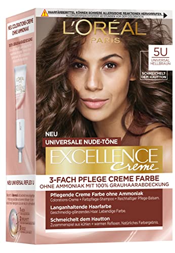 L'Oréal Paris - Tinte permanente para cualquier tono de piel, coloración sin amoniaco, tonos desnudos universales con cobertura completa de canas, crema Excellence Crema, n.º 5U universal castaño