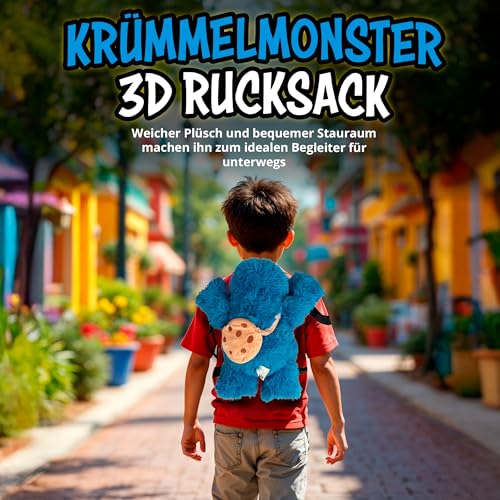 United Labels Sesamstraße Krümelmonster Rucksack 38 cm, 3D Plüsch Rucksack mit verstellbaren Gurten, Plüschtier blau