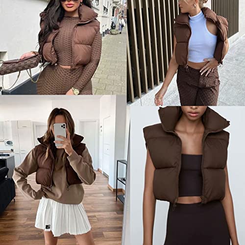 Ainangua Women's Crop Padded Vest Stand Collar Lightweight Sleeveless Puffer Zip Up Gilet Outerwear(Brown,M) #TOP3