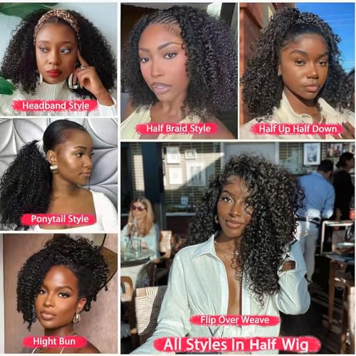 Image of WENYAN Kinky Curly Half Wig Human Hair 26 Inch Glueless Wigs Natural Black | 180% Density,3 In 1 Drawstring Seamless Flip Over Curly Half Wigs for Black Women,Headband Wig Wear and Go Beginner Friendly