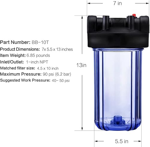 Miniatura 5 de Geekpure Sistema de filtro de agua de una sola etapa para toda la casa con carcasa transparente de 10 pulgadas-puerto de 1 "con filtro de PP de 4