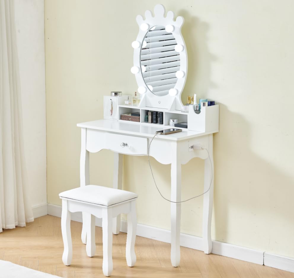 Vanity Table with Lighted Mirror&Charging Station,Makeup Table Vanity Dresser with Stool,LED Light,Drawers,Voice&Touch Control,Storage Space for Women Girls Teenager Girlfriend, White (Light Bulb B)