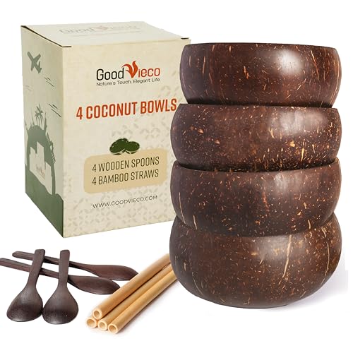 GoodVieco Coconut Bowl Set (4, Polished) – Natural Coconut Shell Bowls with Bamboo Straws & Wooden Spoons – Eco Friendly Gifts for Vegan, Smoothie, Acai, Buddha, Yogurt & Sustainable Meals