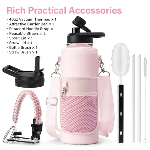 Image of DYSANKY Insulated Water Bottle | Thickened Stainless Steel Vacuum Metal | Portable Sports Water Jug for Gym and Hiking with Straw, Carrier Bag, Handle Strap | BPA-Free 40 oz, Pink