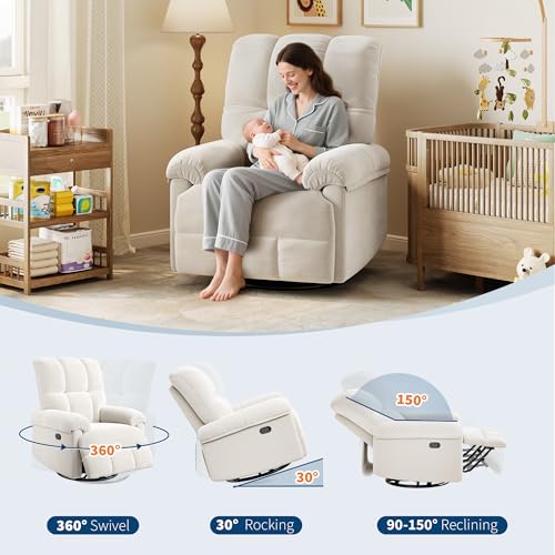 Image of GarveeHome Recliner Chair, 360 Swivel Rocker Glider Nursery Chair with Padded Armrest and Deep Seat, Chenille Upholstered Reclining Sofa Chair for Living Room, Bedroom and Nursery(Cream)