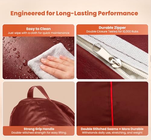Image of Sattva Piping 2XL Sofa Style Bean Bag Chair with Beans Filled | Faux Leather Bin Bags Combo with Footstool & Cushion | Pre-Filled Beam Bag for Adults, Living Room & Bedroom - Tan /Red Piping